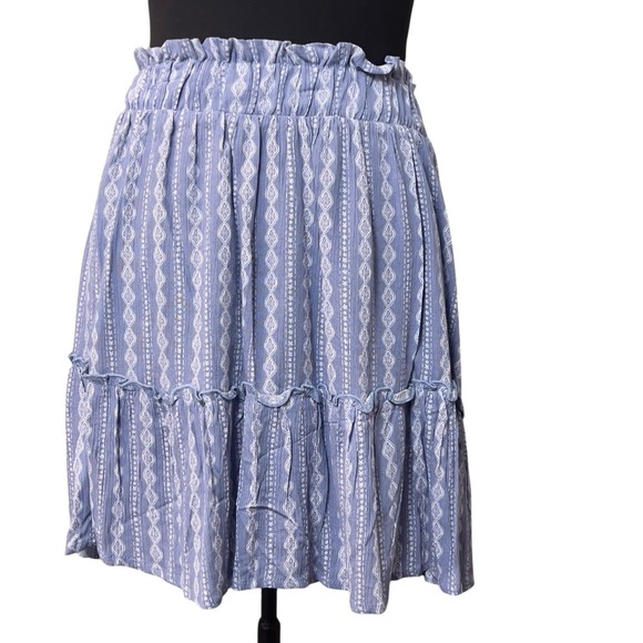 Pink Rose Blue/White Denim Vertical Geometric Print Mini Skirt Large Ruffles NEW - Picture 1 of 8